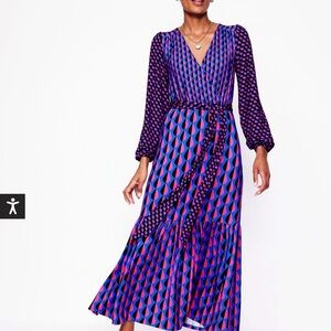 Boden Purple & Pink Geometric Long-Sleeve Wrap Dress